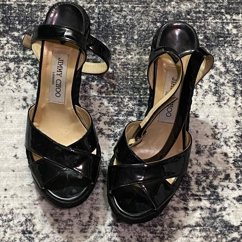 Jimmy Choo Black Patent Espadrille Wedge Sandals Size EU 37 WUS 6.5